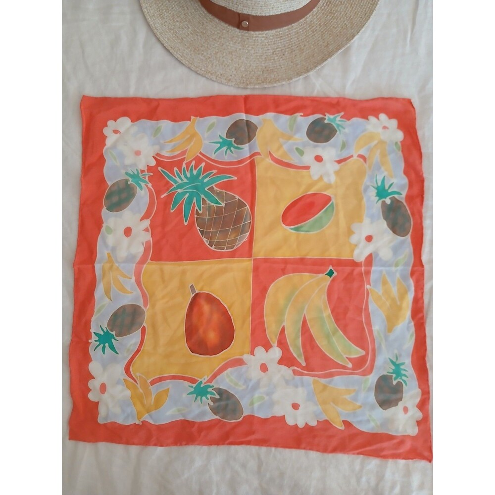 Vintage 90s Silk Fruit Art Scarf Tropical Resort Colorful Pineapple Banana Y2K